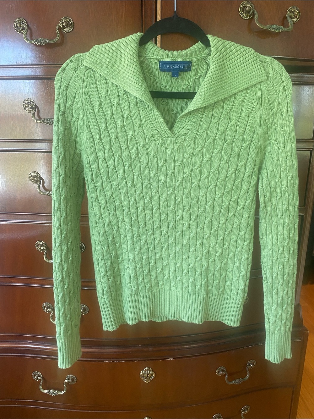 J. McLaughlin Light Green Cable-Knit V-Neck Polo Sweater